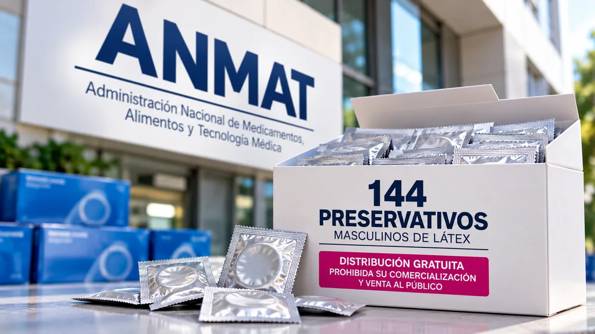 ANMAT y envase de 144 preservativos masculinos destinados a programas oficiales de distribución gratuita.